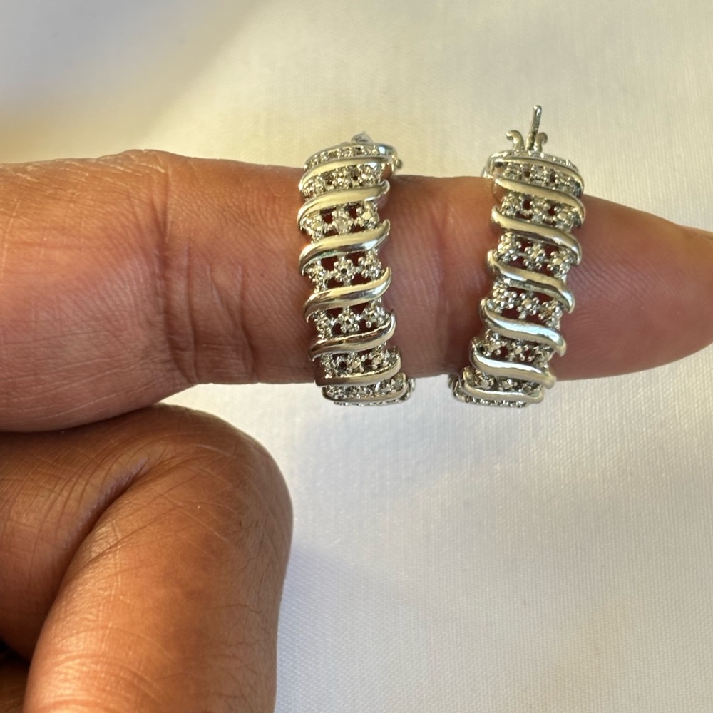 Vintage 14k white gold Damond and marcasites chunky swirl hoop earrings